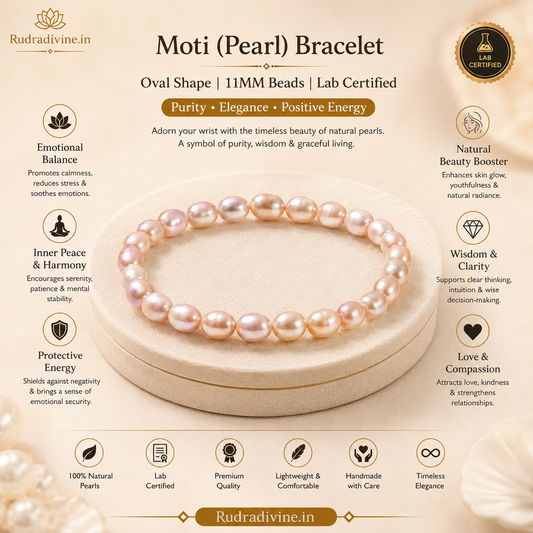 Moti (Pearl) Bracelet Oval Shape crafted with natural 11MM pearl beads and official Lab Certificate by Rudradivine for emotional balance, peace, positivity, and spiritual wellness.
