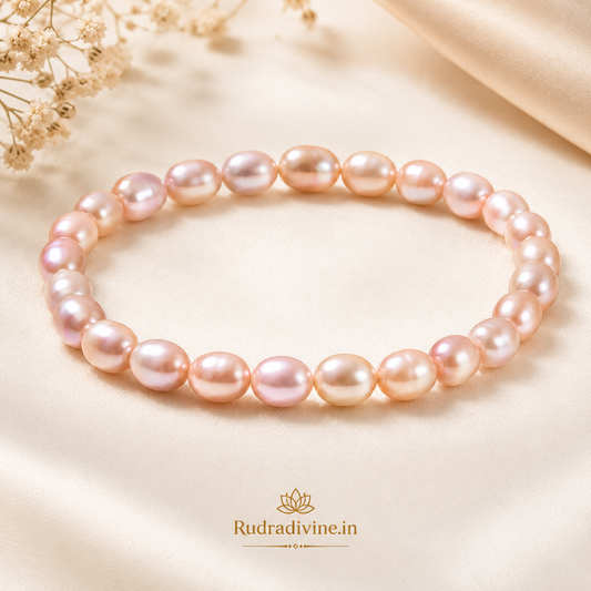 Moti (Pearl) Bracelet Oval Shape crafted with natural 11MM pearl beads and official Lab Certificate by Rudradivine for emotional balance, peace, positivity, and spiritual wellness.