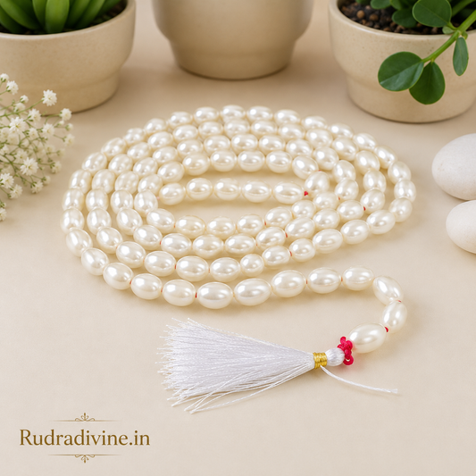 Moti (Pearl) Mala 108+1 Beads Oval Shape 11MM crafted with premium pearl beads and official Lab Certificate by Rudradivine for meditation and spiritual wellness.