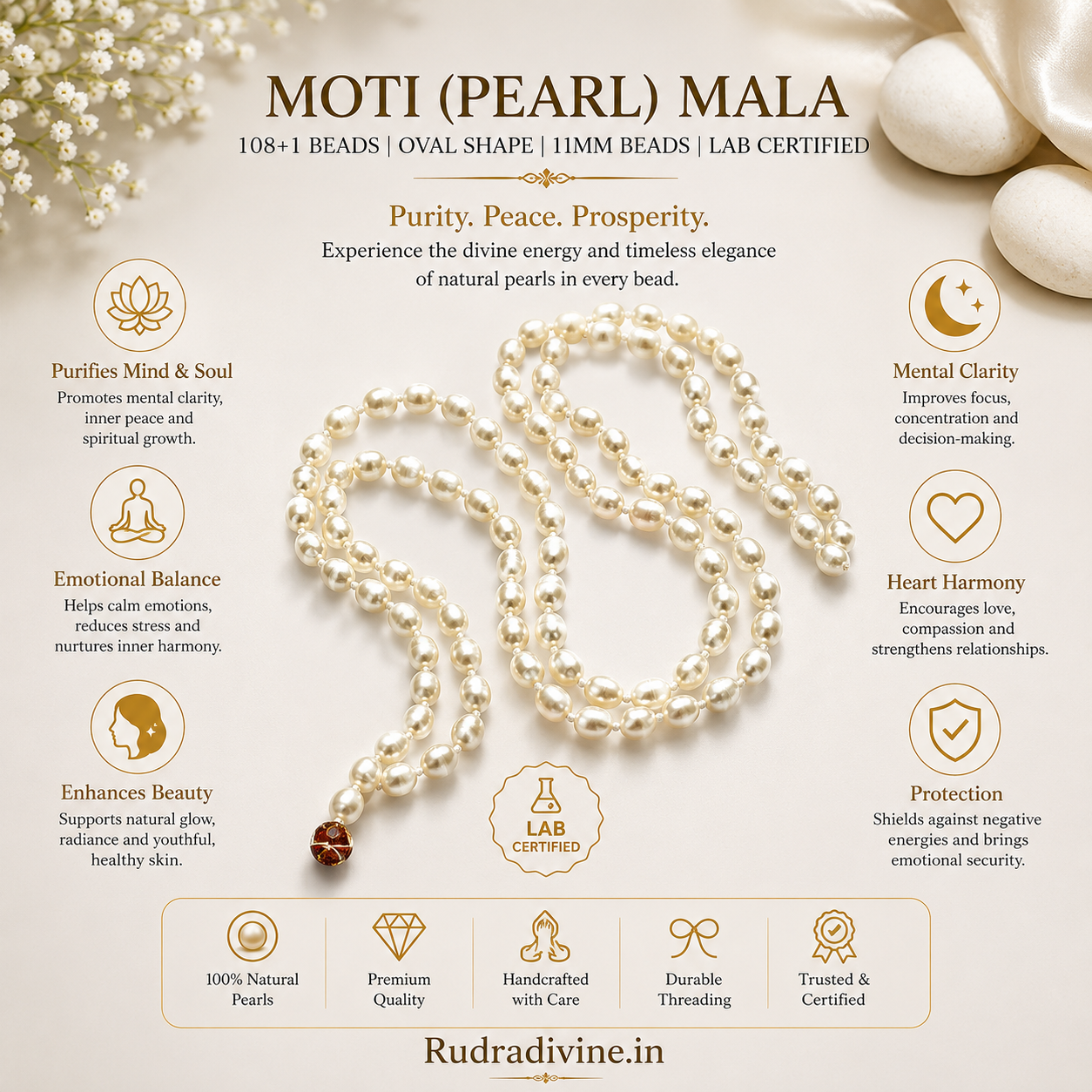 Moti (Pearl) Mala 108+1 Beads Oval Shape 11MM crafted with premium pearl beads and official Lab Certificate by Rudradivine for meditation and spiritual wellness.