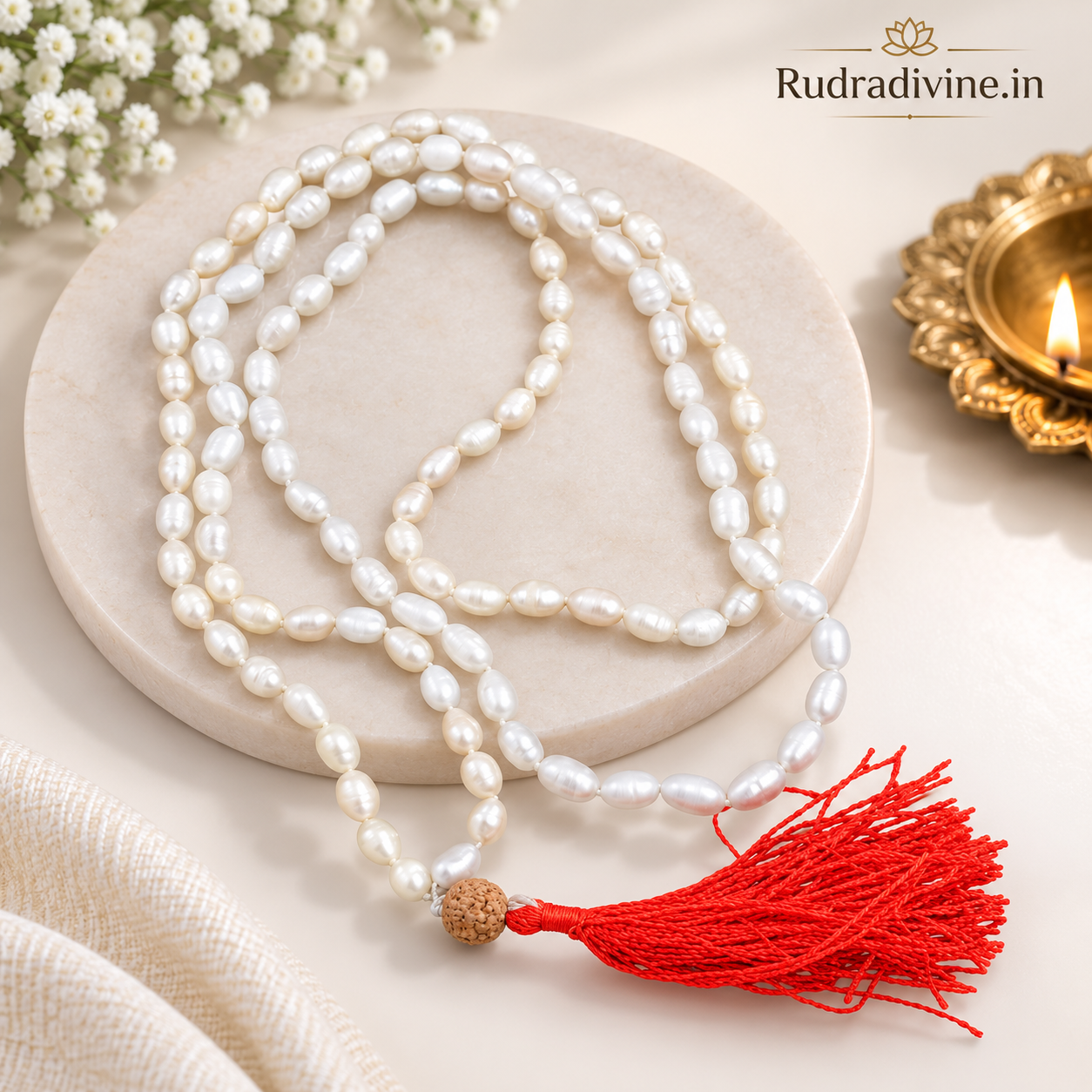 Moti (Pearl) Mala 108+1 Beads Oval Shape 11MM crafted with premium pearl beads and official Lab Certificate by Rudradivine for meditation and spiritual wellness.