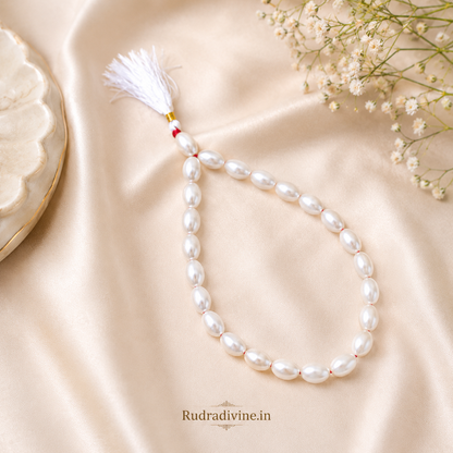 Moti (Pearl) Mala 27+1 Beads Oval Shape 11MM crafted with premium pearl beads and official Lab Certificate by Rudradivine for meditation and spiritual wellness.