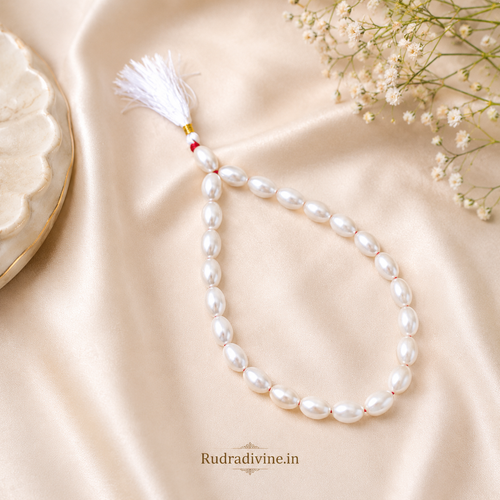 Moti (Pearl) Mala 27+1 Beads Oval Shape 11MM crafted with premium pearl beads and official Lab Certificate by Rudradivine for meditation and spiritual wellness.