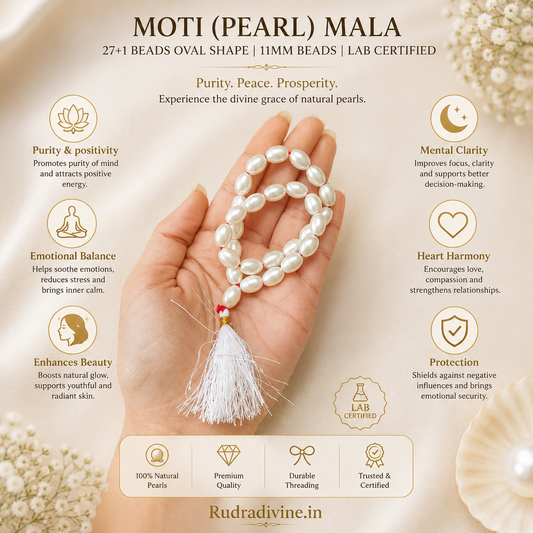 Moti (Pearl) Mala 27+1 Beads Oval Shape 11MM crafted with premium pearl beads and official Lab Certificate by Rudradivine for meditation and spiritual wellness.