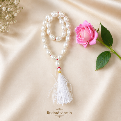 Moti (Pearl) Mala 27+1 Beads Oval Shape 11MM crafted with premium pearl beads and official Lab Certificate by Rudradivine for meditation and spiritual wellness.