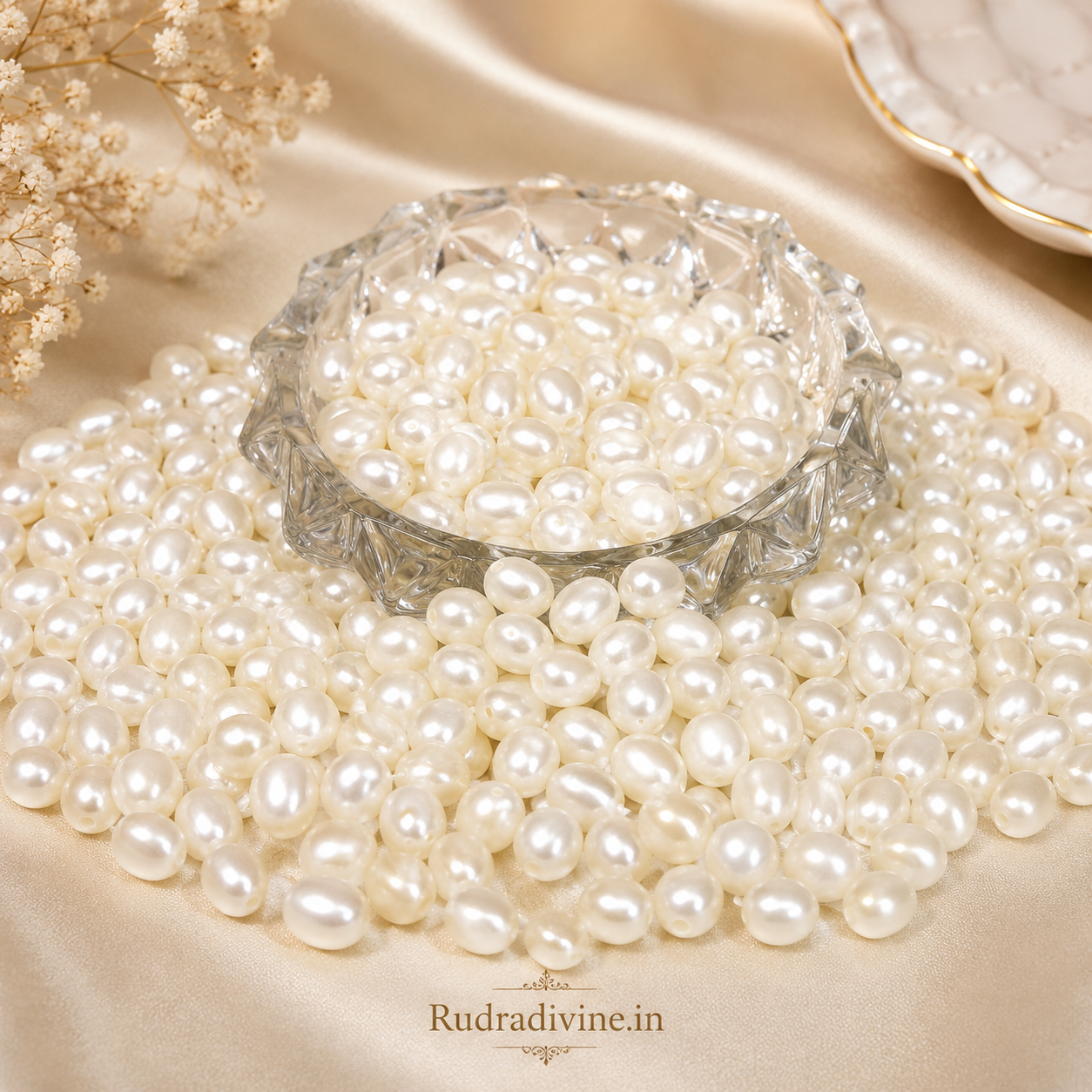 Moti (Pearl) Mala 27+1 Beads Oval Shape 11MM crafted with premium pearl beads and official Lab Certificate by Rudradivine for meditation and spiritual wellness.