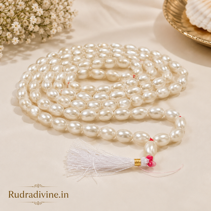 Moti (Pearl) Mala 54+1 Beads Oval Shape 11MM crafted with premium pearl beads and official Lab Certificate by Rudradivine for meditation and spiritual wellness.