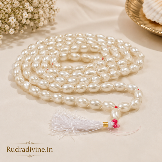Moti (Pearl) Mala 54+1 Beads Oval Shape 11MM crafted with premium pearl beads and official Lab Certificate by Rudradivine for meditation and spiritual wellness.