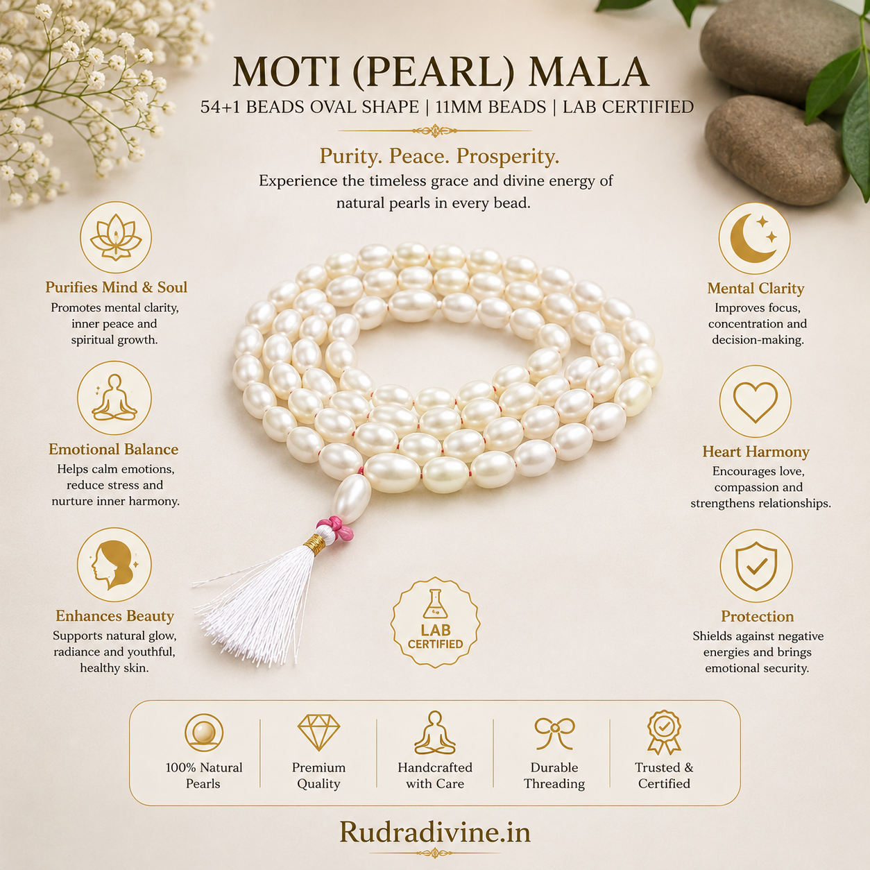 Moti (Pearl) Mala 54+1 Beads Oval Shape 11MM crafted with premium pearl beads and official Lab Certificate by Rudradivine for meditation and spiritual wellness.