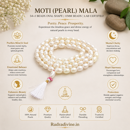 Moti (Pearl) Mala 54+1 Beads Oval Shape 11MM crafted with premium pearl beads and official Lab Certificate by Rudradivine for meditation and spiritual wellness.