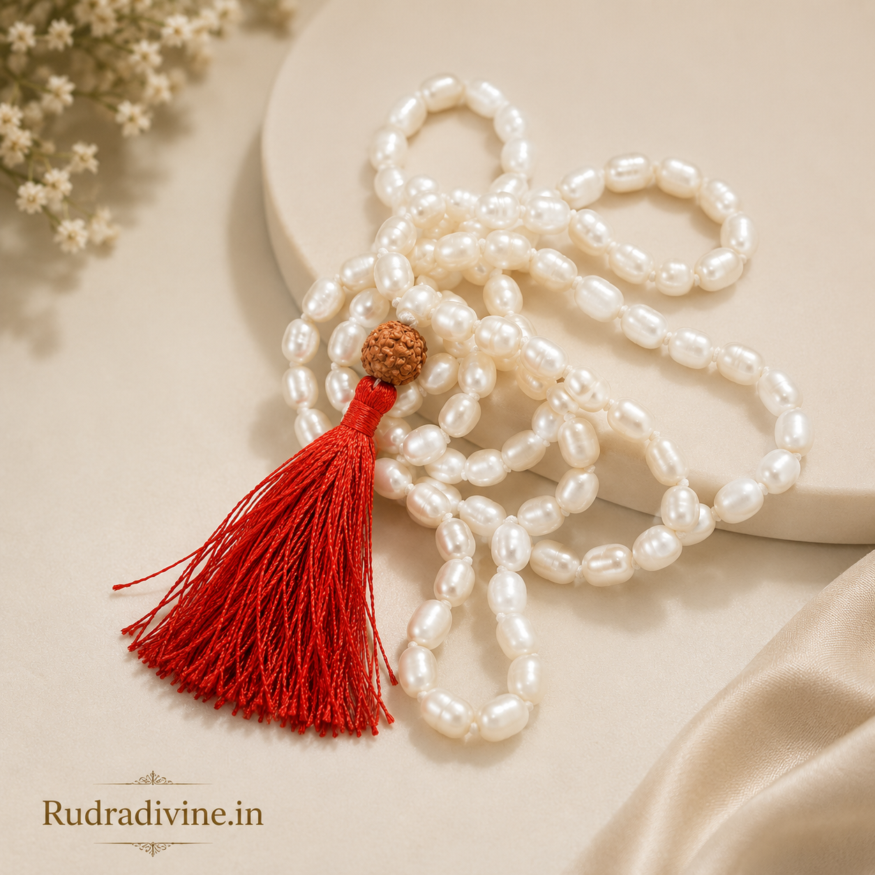 Moti (Pearl) Mala 54+1 Beads Oval Shape 11MM crafted with premium pearl beads and official Lab Certificate by Rudradivine for meditation and spiritual wellness.