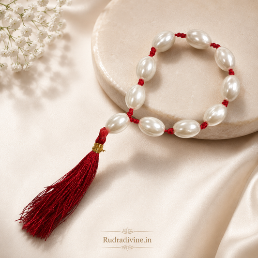 Moti (Pearl) Mala 9+1 Oval Shape 11MM crafted with natural pearl beads and official Lab Certificate by Rudradivine for emotional balance, Moon energy and spiritual wellness.