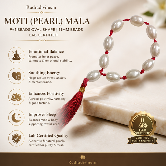 Moti (Pearl) Mala 9+1 Oval Shape 11MM crafted with natural pearl beads and official Lab Certificate by Rudradivine for emotional balance, Moon energy and spiritual wellness.