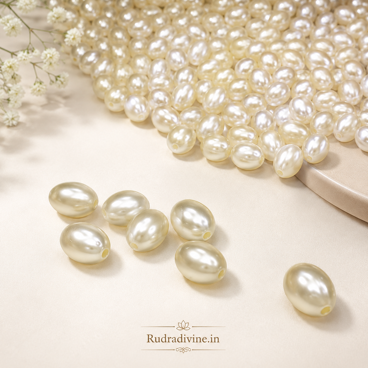 Moti (Pearl) Mala 9+1 Oval Shape 11MM crafted with natural pearl beads and official Lab Certificate by Rudradivine for emotional balance, Moon energy and spiritual wellness.