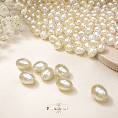 Moti (Pearl) Mala 9+1 Oval Shape 11MM crafted with natural pearl beads and official Lab Certificate by Rudradivine for emotional balance, Moon energy and spiritual wellness.