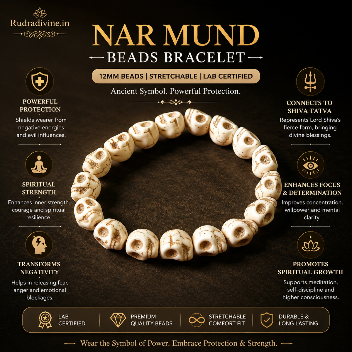 Nar Mund Beads Bracelet with 12MM stretchable beads and official Lab Certificate by Rudradivine, designed for spiritual practices, meditation, devotion and traditional wear.