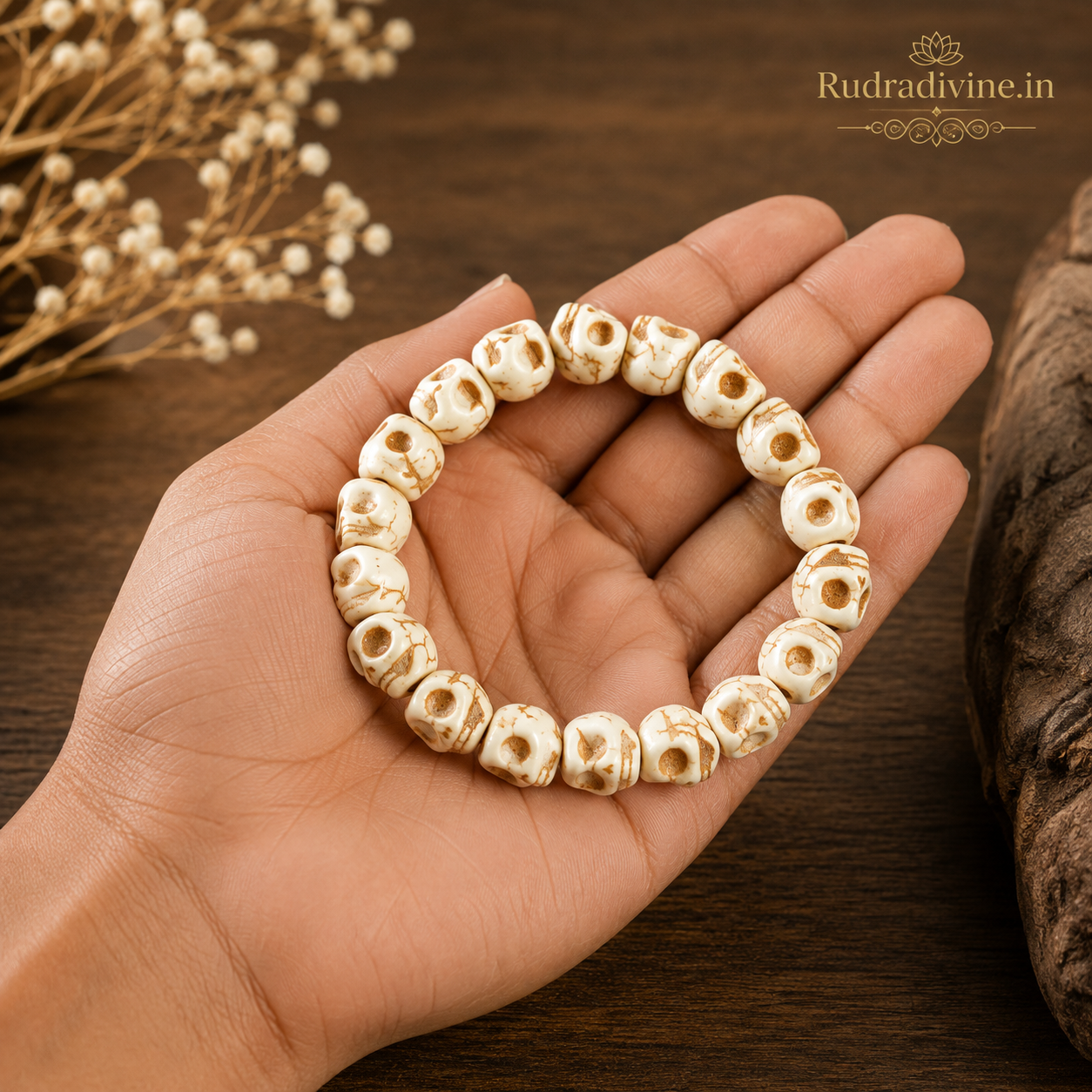 Nar Mund Beads Bracelet with 12MM stretchable beads and official Lab Certificate by Rudradivine, designed for spiritual practices, meditation, devotion and traditional wear.