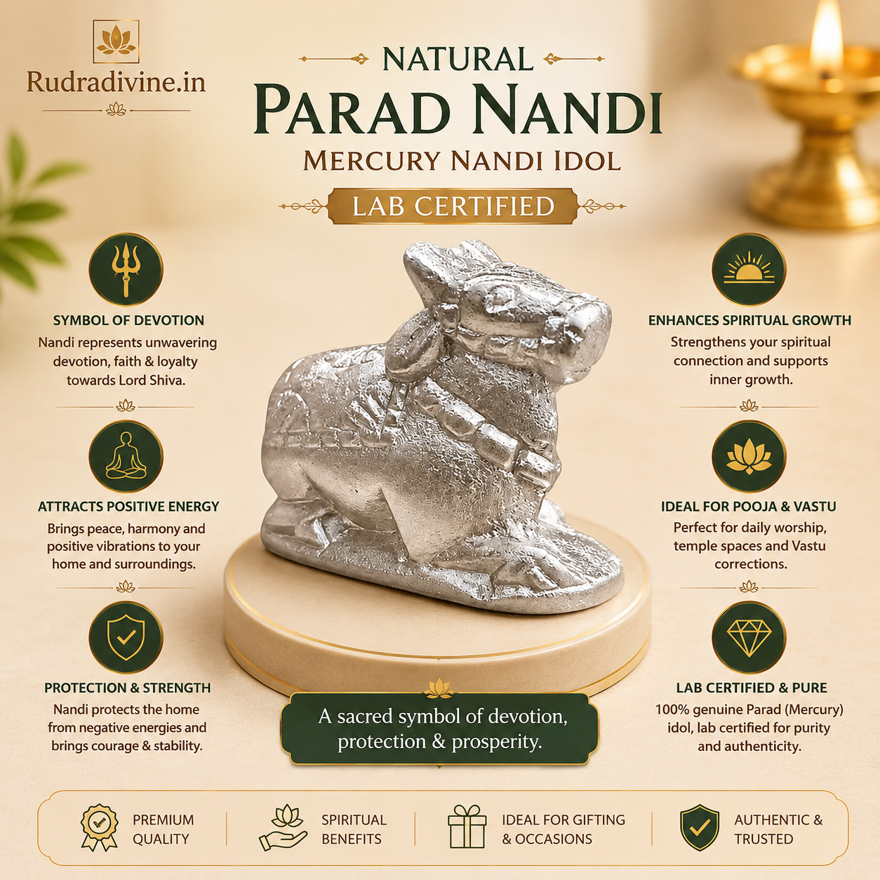 Natural Parad Nandi Mercury Nandi Idol crafted from 100% genuine Parad with official Lab Certificate by Rudradivine for Lord Shiva worship, Vastu harmony and positive spiritual energy.
