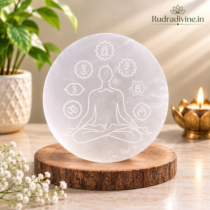 Natural Selenite 7 Chakra Meditation Plate crafted from genuine Selenite with official Lab Certificate by Rudradivine for Reiki, crystal charging, chakra balancing, meditation and spiritual healing.