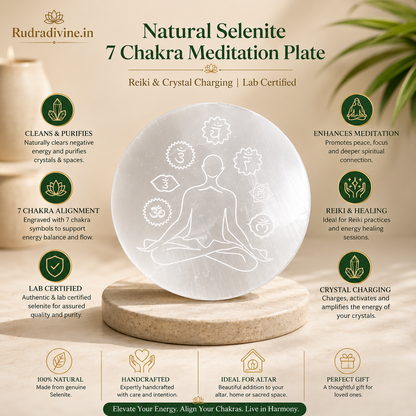 Natural Selenite 7 Chakra Meditation Plate crafted from genuine Selenite with official Lab Certificate by Rudradivine for Reiki, crystal charging, chakra balancing, meditation and spiritual healing.