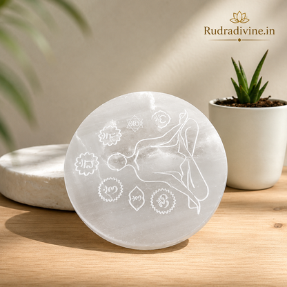 Natural Selenite 7 Chakra Meditation Plate crafted from genuine Selenite with official Lab Certificate by Rudradivine for Reiki, crystal charging, chakra balancing, meditation and spiritual healing.
