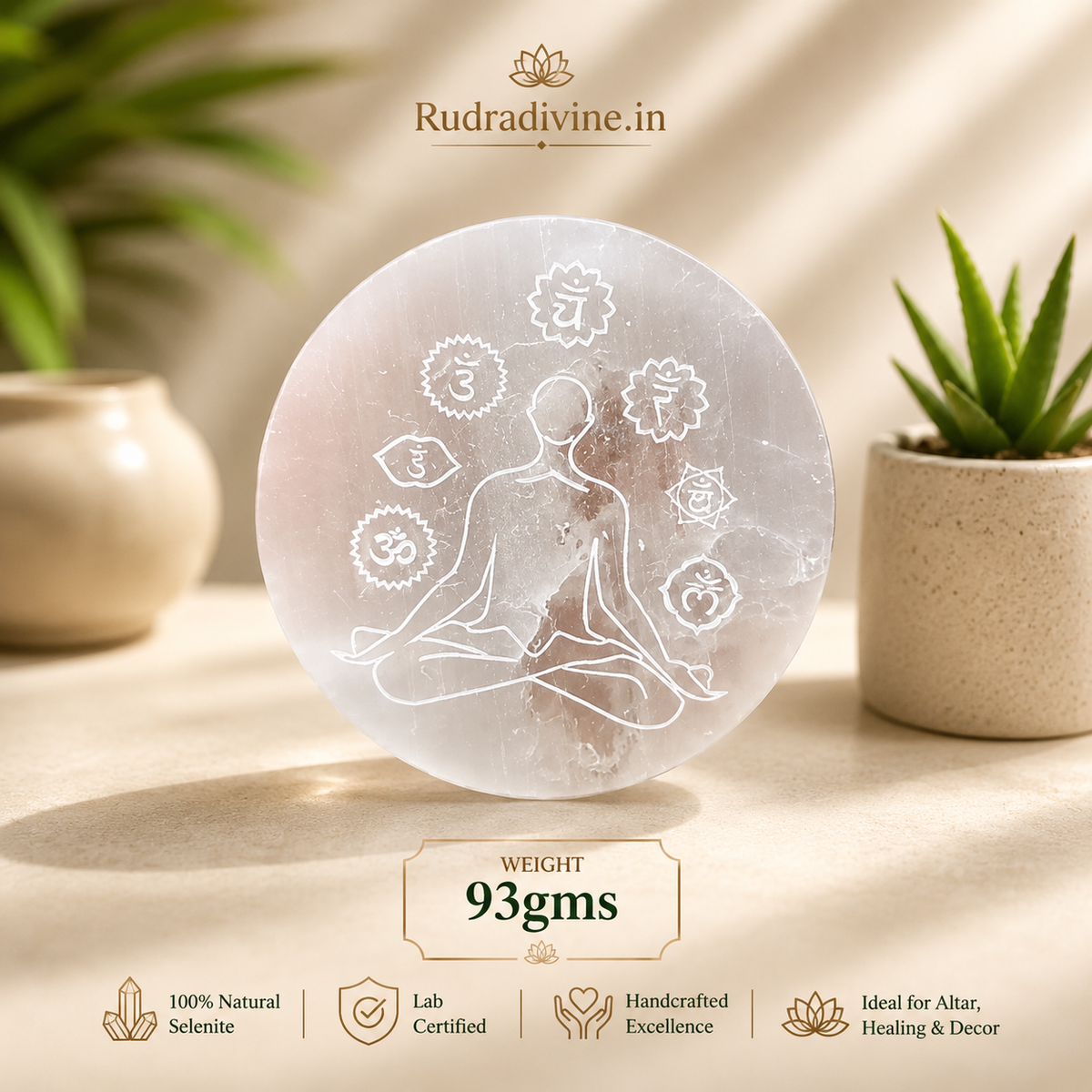 Natural Selenite 7 Chakra Meditation Plate crafted from genuine Selenite with official Lab Certificate by Rudradivine for Reiki, crystal charging, chakra balancing, meditation and spiritual healing.