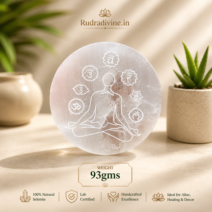 Natural Selenite 7 Chakra Meditation Plate crafted from genuine Selenite with official Lab Certificate by Rudradivine for Reiki, crystal charging, chakra balancing, meditation and spiritual healing.