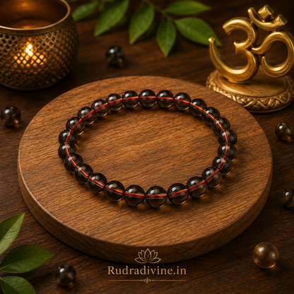 Natural Smokey Quartz Bracelet with 8MM natural stone beads and official Lab Certificate by Rudradivine, traditionally associated with grounding, stability, calmness and spiritual wellness.