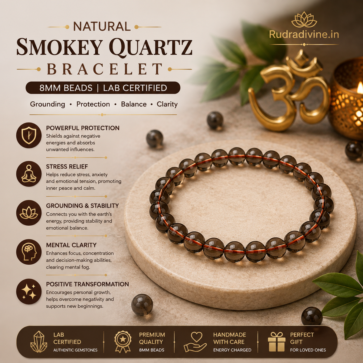 Natural Smokey Quartz Bracelet with 8MM natural stone beads and official Lab Certificate by Rudradivine, traditionally associated with grounding, stability, calmness and spiritual wellness.