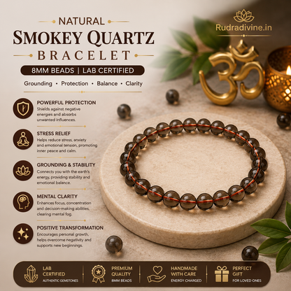 Natural Smokey Quartz Bracelet with 8MM natural stone beads and official Lab Certificate by Rudradivine, traditionally associated with grounding, stability, calmness and spiritual wellness.