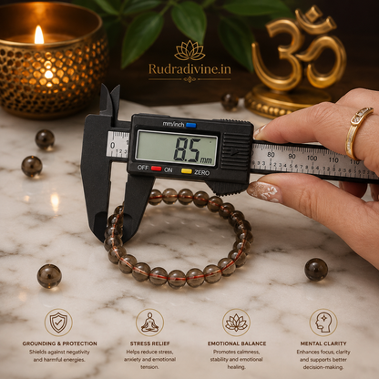 Natural Smokey Quartz Bracelet with 8MM natural stone beads and official Lab Certificate by Rudradivine, traditionally associated with grounding, stability, calmness and spiritual wellness.