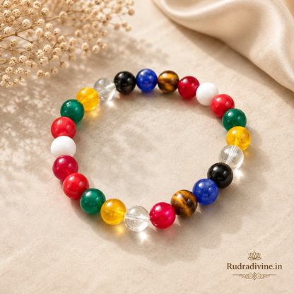 Navratan Bracelet with 9-10MM divine gemstones and official Lab Certificate by Rudradivine, traditionally associated with planetary balance, prosperity and spiritual wellness.