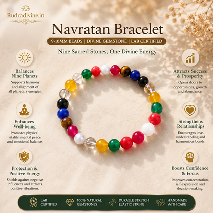 Navratan Bracelet with 9-10MM divine gemstones and official Lab Certificate by Rudradivine, traditionally associated with planetary balance, prosperity and spiritual wellness.