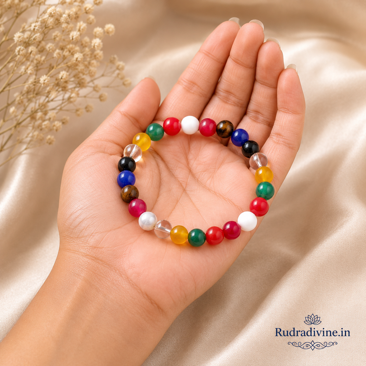 Navratan Bracelet with 9-10MM divine gemstones and official Lab Certificate by Rudradivine, traditionally associated with planetary balance, prosperity and spiritual wellness.