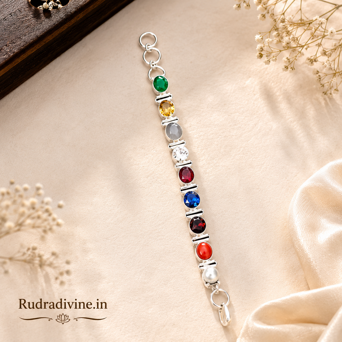 Navratan Bracelet with traditional nine gemstones for male and female, Lab Certified by Rudradivine for astrology, spiritual practices and everyday wear.
