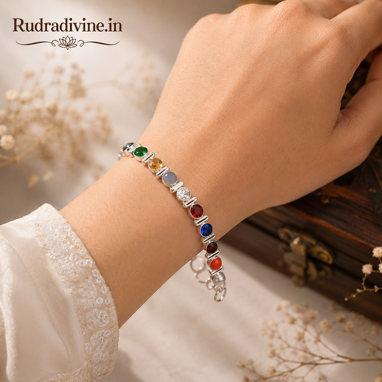 Navratan Bracelet with traditional nine gemstones for male and female, Lab Certified by Rudradivine for astrology, spiritual practices and everyday wear.