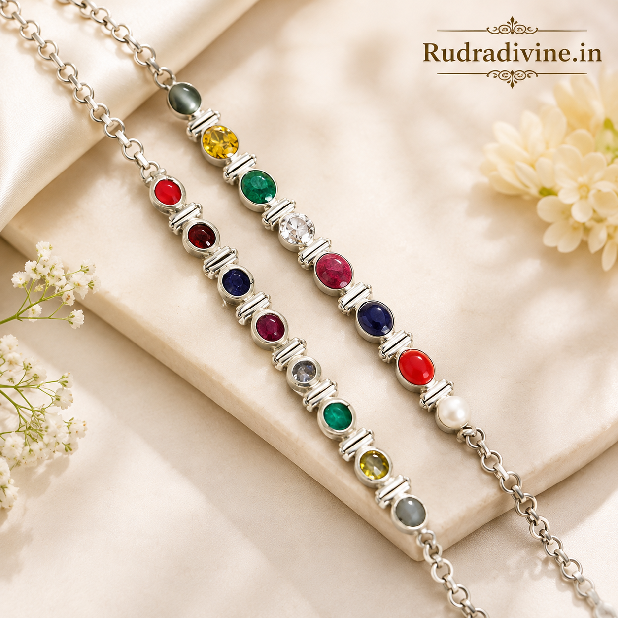Navratan Bracelet with traditional nine gemstones for male and female, Lab Certified by Rudradivine for astrology, spiritual practices and everyday wear.