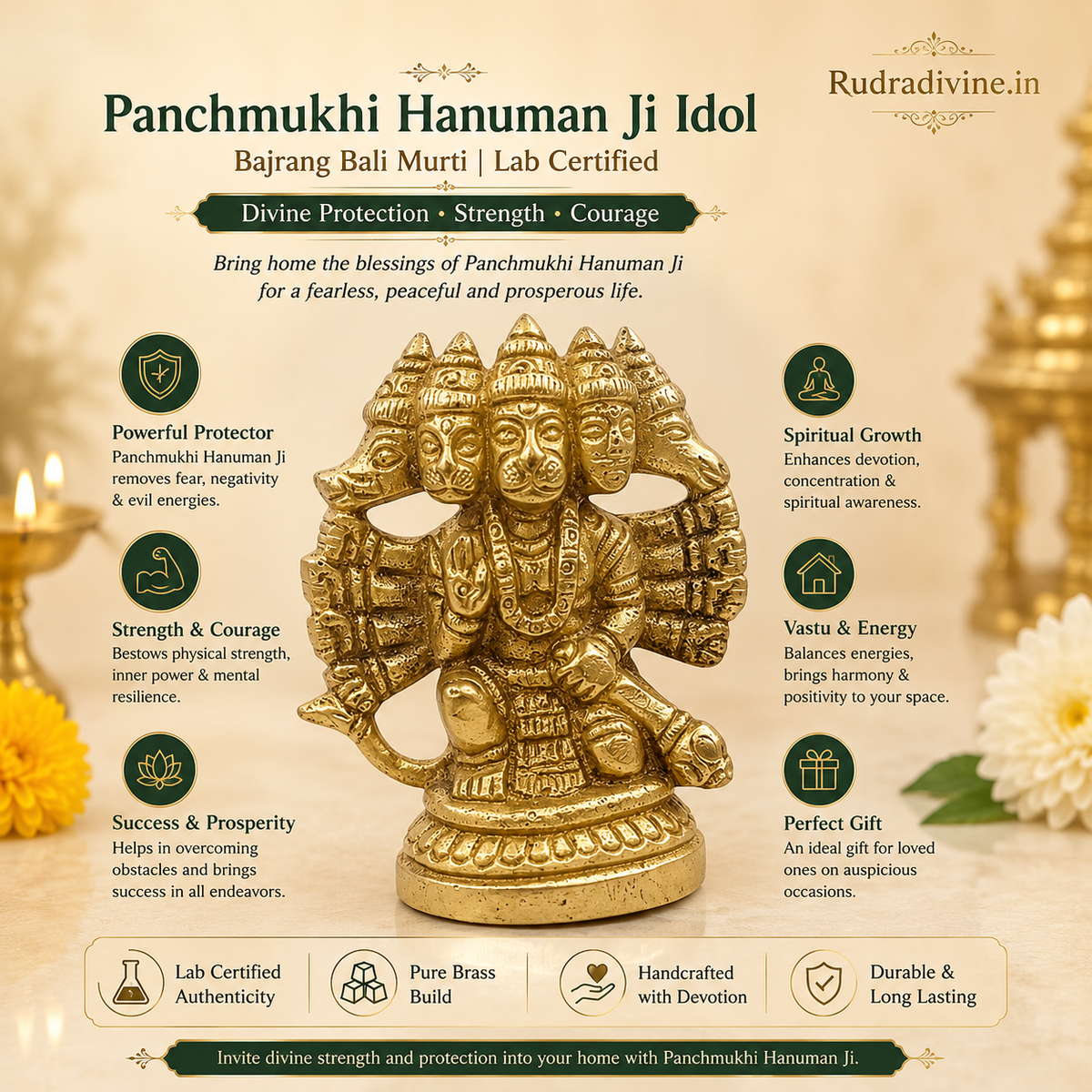 Panchmukhi Hanuman Ji Idol featuring the sacred five-faced Bajrang Bali design with official Lab Certificate by Rudradivine for protection, devotion and spiritual blessings.
