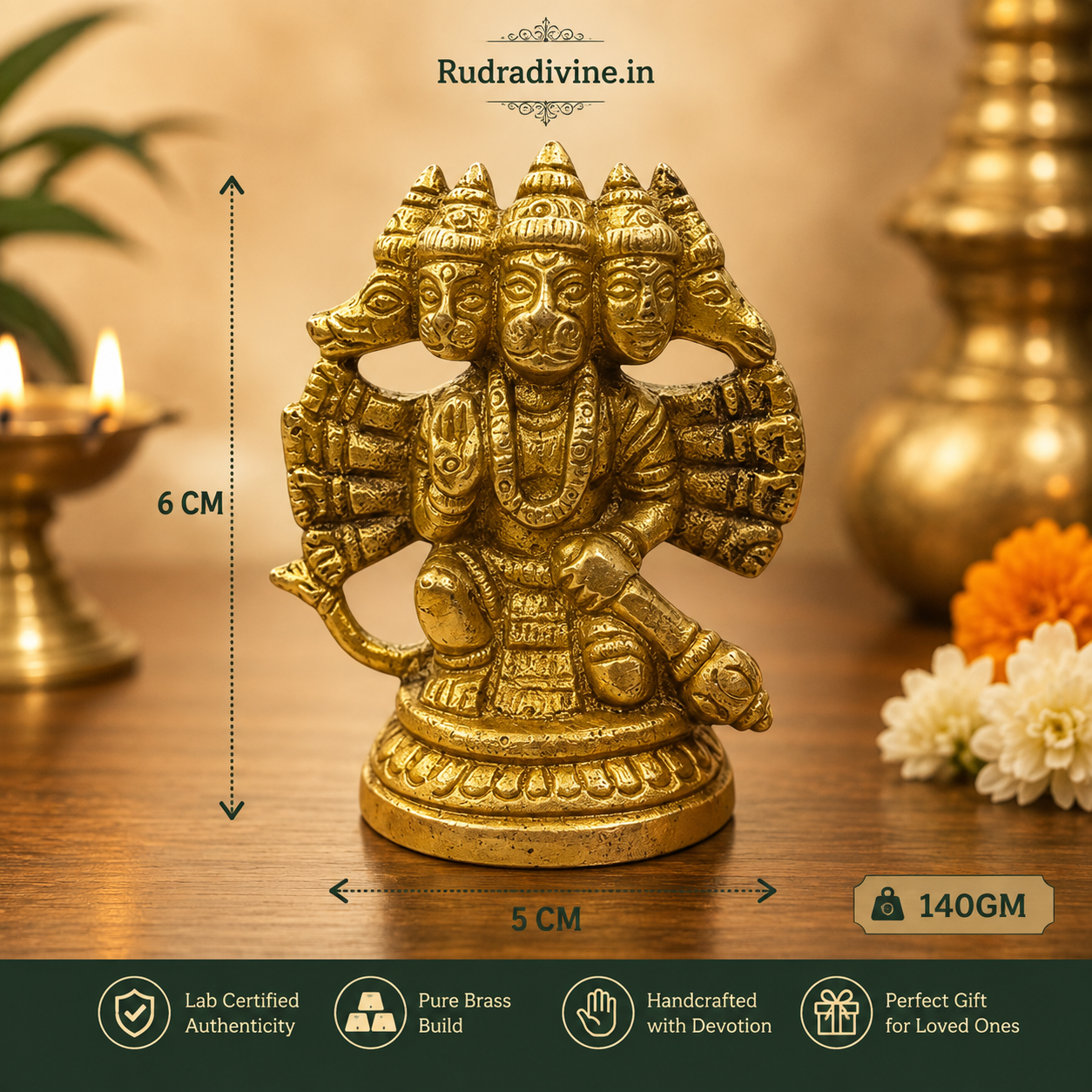 Panchmukhi Hanuman Ji Idol featuring the sacred five-faced Bajrang Bali design with official Lab Certificate by Rudradivine for protection, devotion and spiritual blessings.