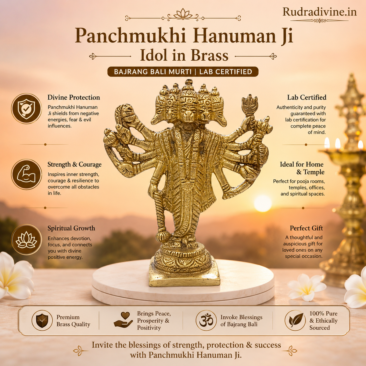 Panchmukhi Hanuman Ji Idol in premium brass with official Lab Certificate by Rudradivine for divine protection, strength, positivity and spiritual blessings.