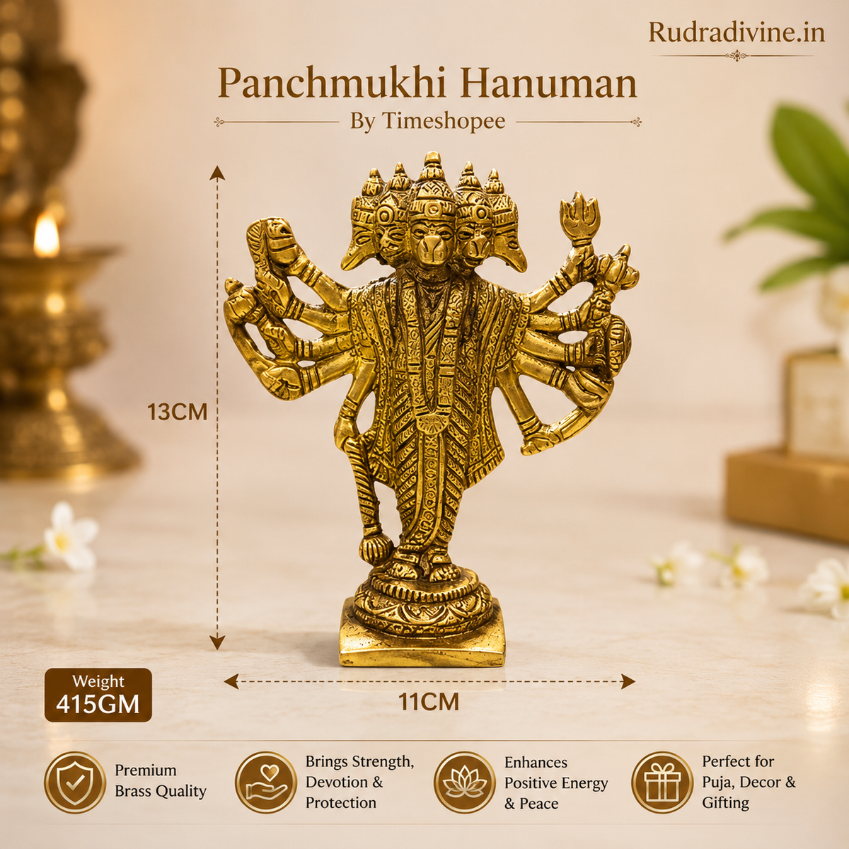 Panchmukhi Hanuman Ji Idol in premium brass with official Lab Certificate by Rudradivine for divine protection, strength, positivity and spiritual blessings.