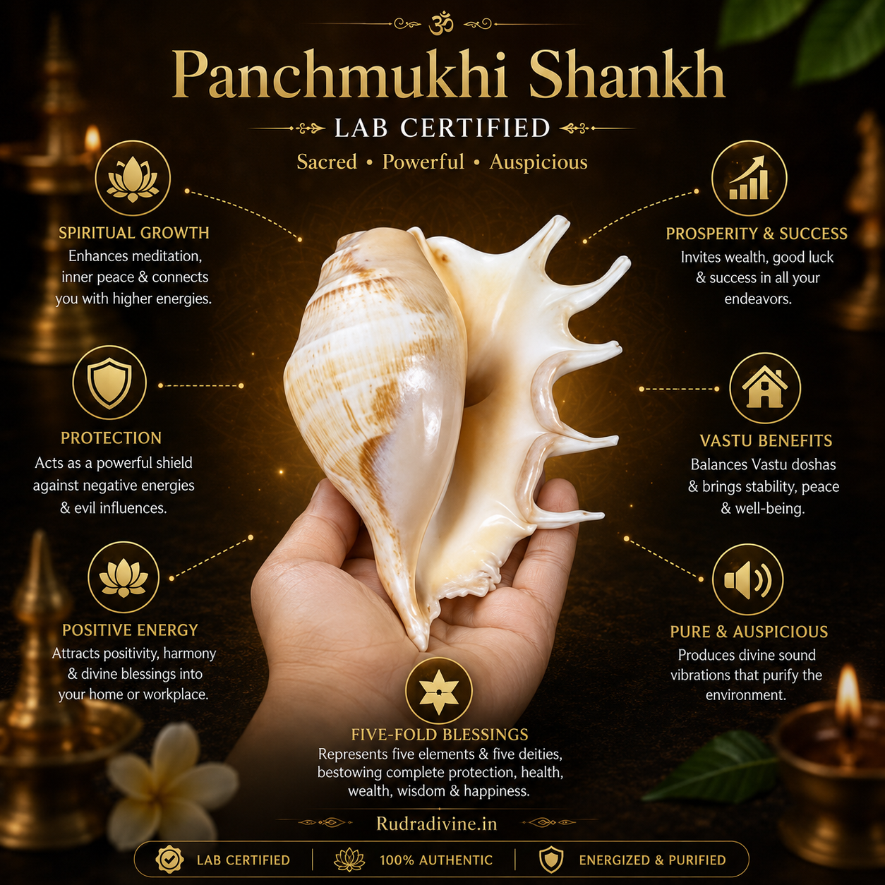 Original Panchmukhi Shankh with official Lab Certificate by Rudradivine, genuine sacred conch for Hindu puja, Vastu harmony, meditation, divine blessings and spiritual worship.