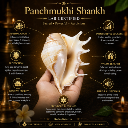 Original Panchmukhi Shankh with official Lab Certificate by Rudradivine, genuine sacred conch for Hindu puja, Vastu harmony, meditation, divine blessings and spiritual worship.