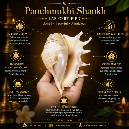 Original Panchmukhi Shankh with official Lab Certificate by Rudradivine, genuine sacred conch for Hindu puja, Vastu harmony, meditation, divine blessings and spiritual worship.