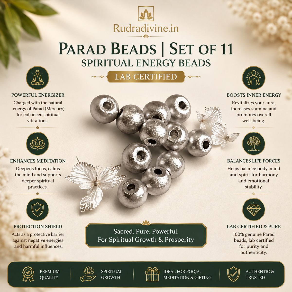 Parad Beads Set of 11 crafted from 100% genuine Parad (Mercury) with official Lab Certificate by Rudradivine for pooja, meditation, Vastu balance and positive spiritual energy.