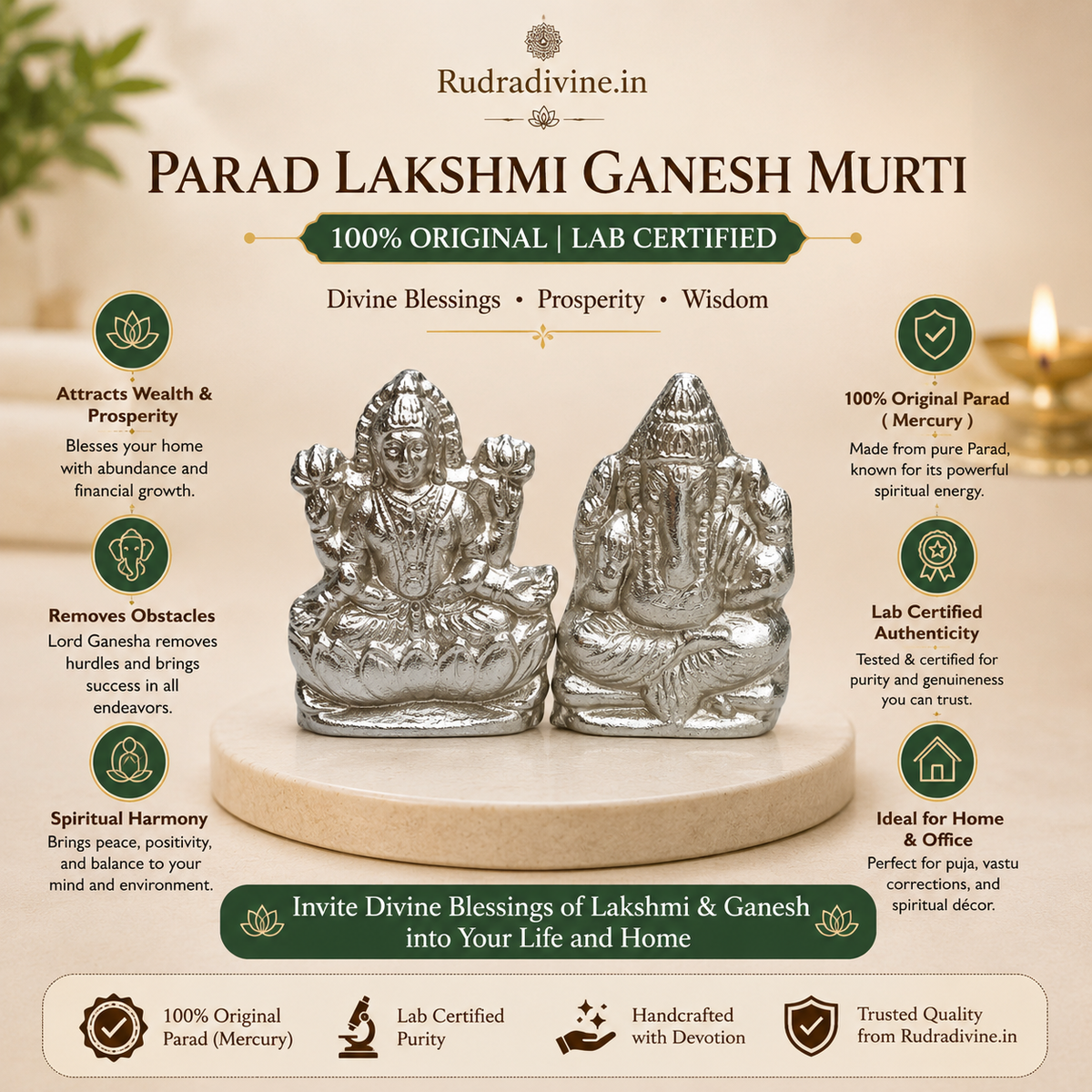 Parad Lakshmi Ganesh Murti made from 100% original Parad (Mercury) with official Lab Certificate by Rudradivine for wealth, wisdom, prosperity and positive energy.