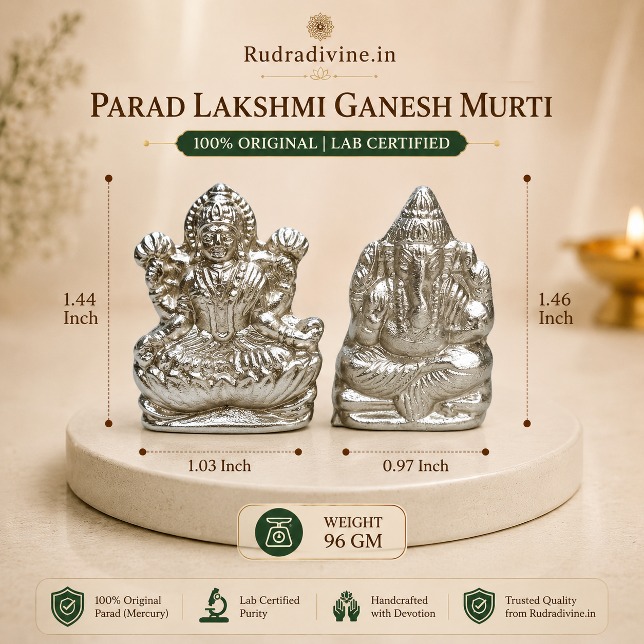 Parad Lakshmi Ganesh Murti made from 100% original Parad (Mercury) with official Lab Certificate by Rudradivine for wealth, wisdom, prosperity and positive energy.