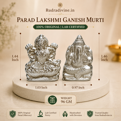Parad Lakshmi Ganesh Murti made from 100% original Parad (Mercury) with official Lab Certificate by Rudradivine for wealth, wisdom, prosperity and positive energy.