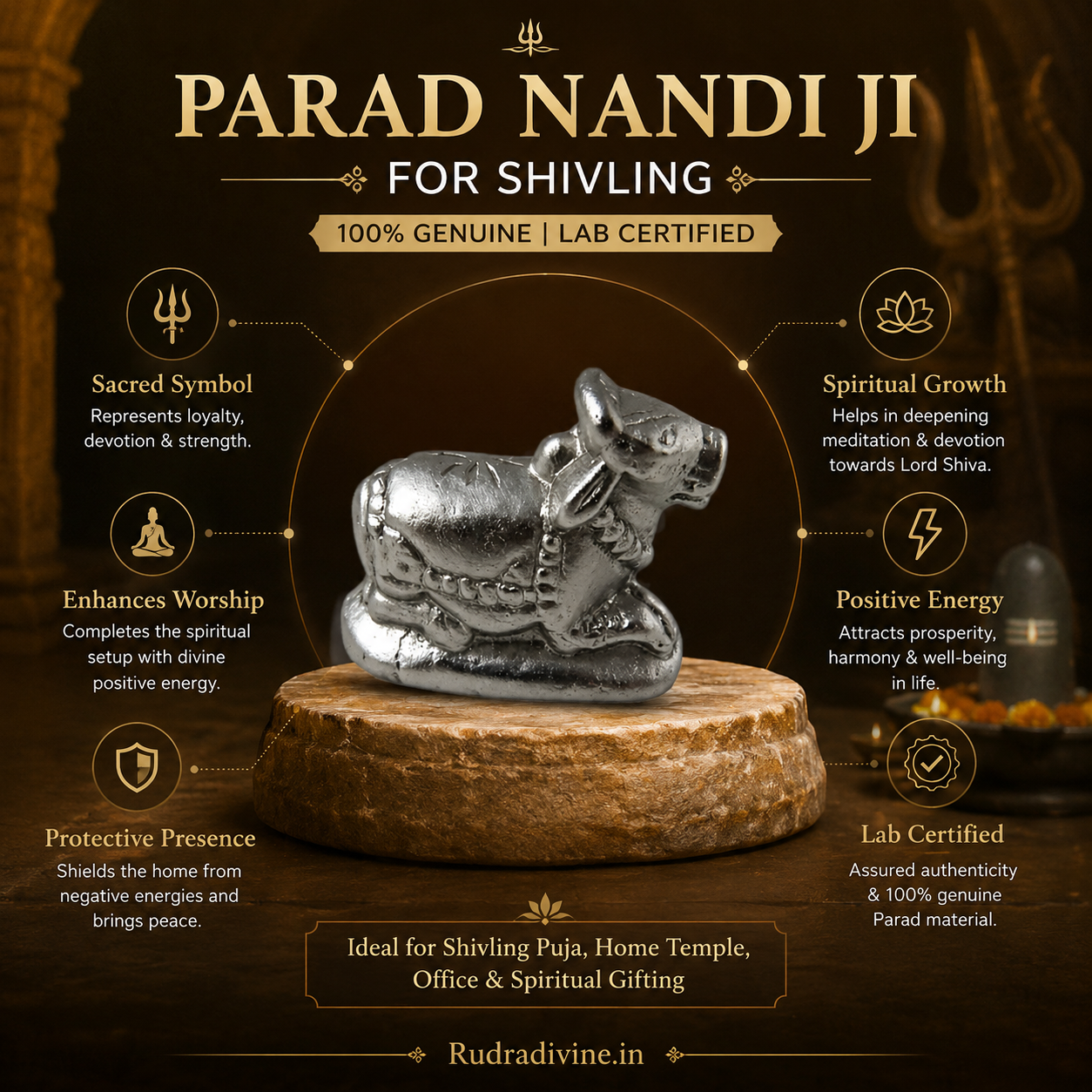 Parad Nandi Ji for Shivling | 100% Genuine | Lab Certified crafted from authentic purified Parad with official Lab Certificate by Rudradivine for Lord Shiva worship, home temple, spiritual devotion and divine blessings.