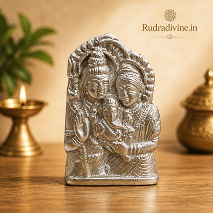 Parad Shiv Pariwar for Pooja crafted from 100% genuine Mercury with official Lab Certificate by Rudradivine for Lord Shiva worship, family harmony, Vastu balance and positive spiritual energy.